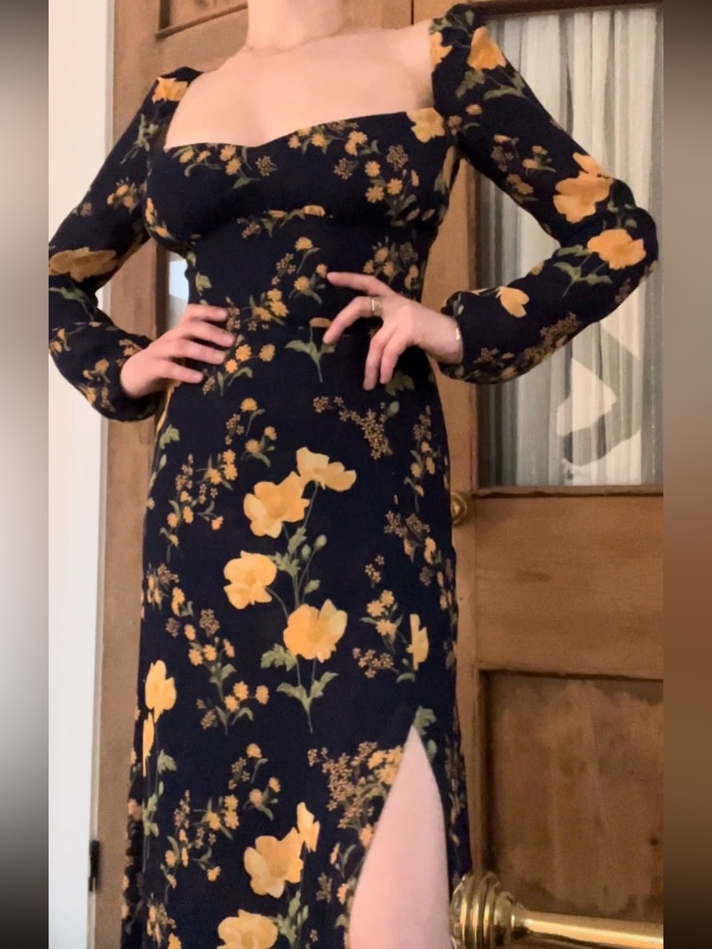 Reformation Navy Maxi Dress with Mustard Floral Motif